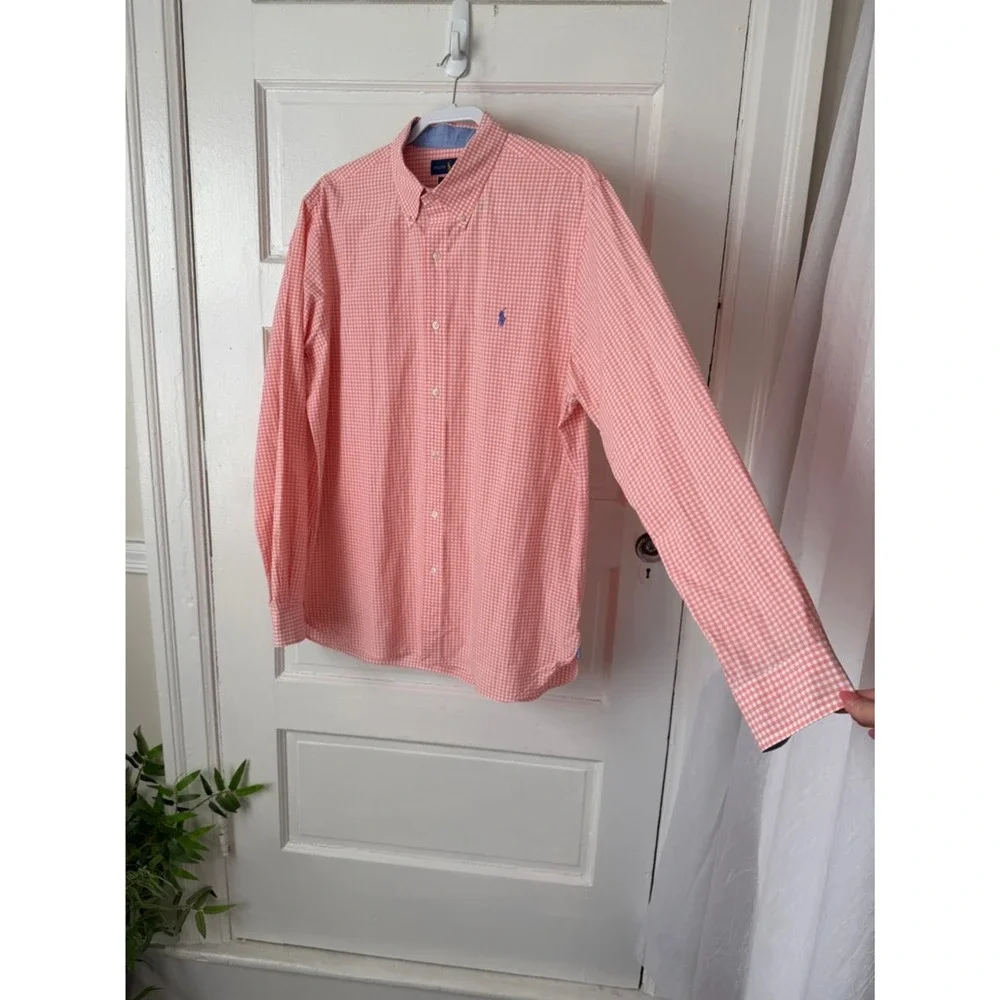 Ralph‎ Lauren Men's Button Down Shirt Orange Gingham Checkered Slim Fit Stretch